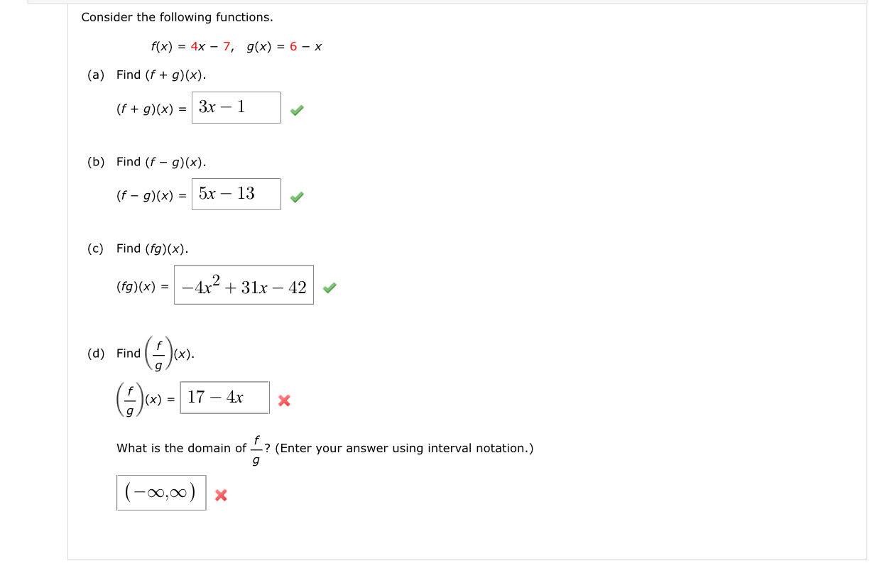 Solved Consider The Following Functions F X 4x−7 G X 6−x