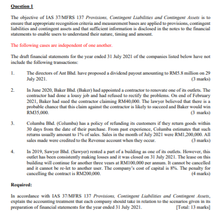 Solved Question 1 The objective of IAS 37/MFRS 137 | Chegg.com