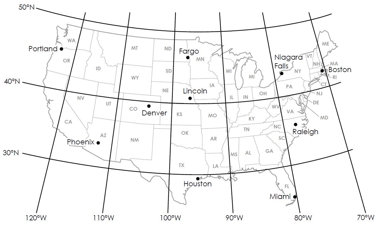 Solved Consider the lat-lon map below1. Which of the | Chegg.com