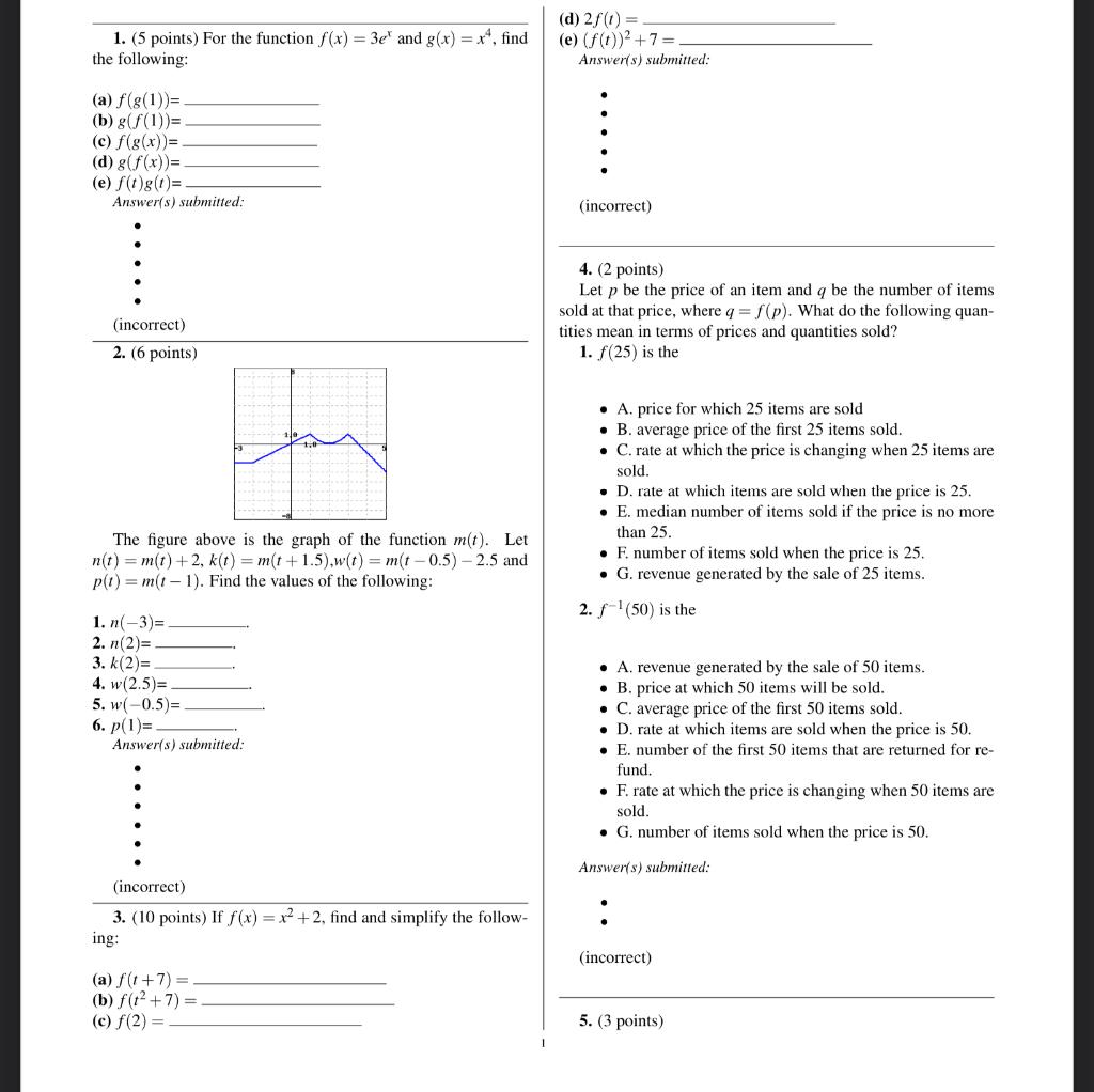Solved (d) 2f(t)= 1. (5 points) For the function f(x)=3ex | Chegg.com