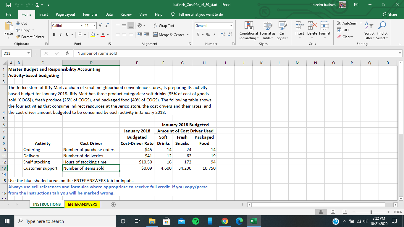 Solved batineh_Cost16e_e6_30_start - Excel razeim batineh Х | Chegg.com