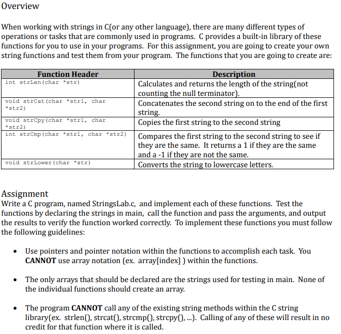Solved Overview When working with strings in C(or any other | Chegg.com