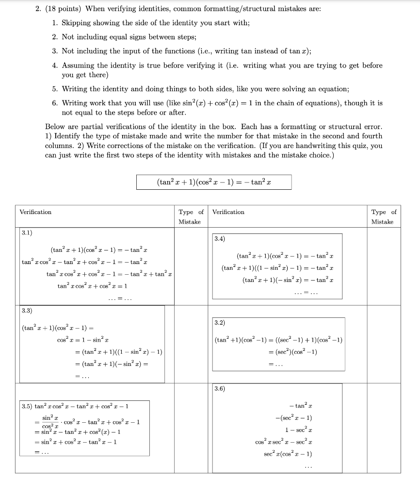 Solved 2. (18 points) When verifying identities, common | Chegg.com