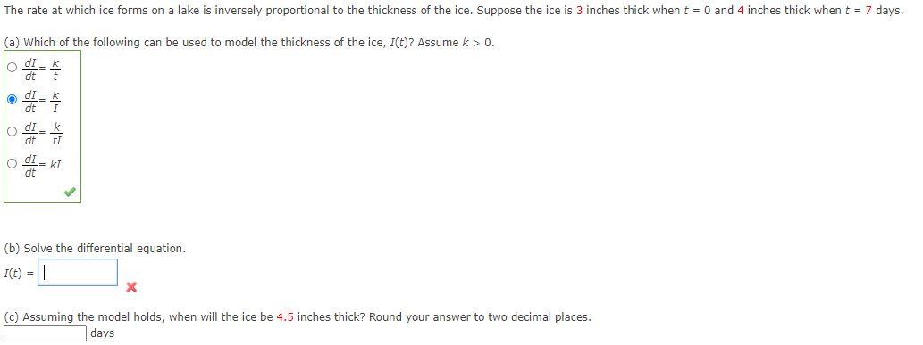Solved The rate at which ice forms on a lake is inversely | Chegg.com