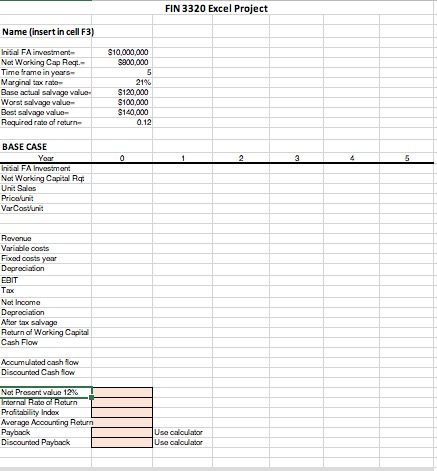 FIN 3320 -- Excel Project Use Excel to evaluate the | Chegg.com