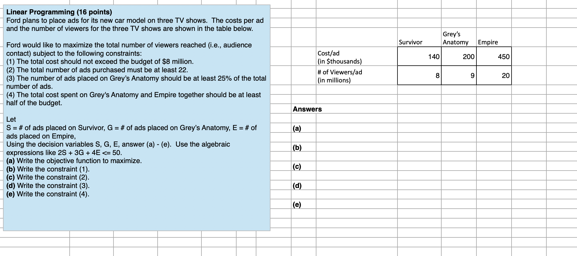 Solved PLEASE SOLVE THE FOLLOWING IN AN EXCEL FILE | Chegg.com