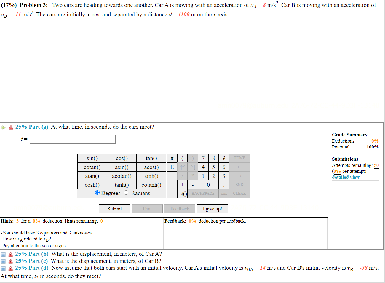 Solved (17%) Problem 3: Two Cars Are Heading Towards One | Chegg.com