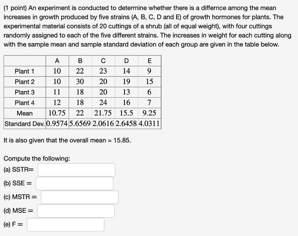 Solved (1 point) An experiment is conducted to determine | Chegg.com