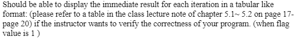 Should be able to display the immediate result for each iteration in a tabular like
format: (please refer to a table in the c