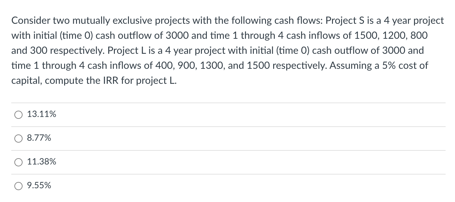 Solved Consider two mutually exclusive projects with the | Chegg.com