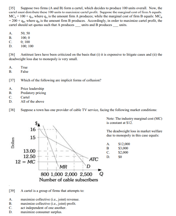 Solved [35] Suppose Two Firms (A And B) Form A Cartel, Which | Chegg.com