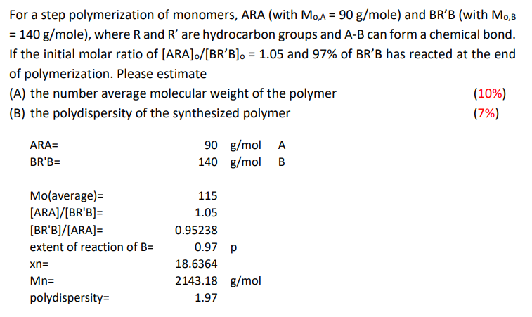 Solved For A Step Polymerization Of Monomers, ARA (with M0, | Chegg.com