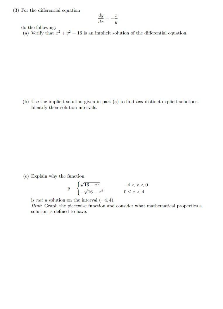 Solved (3) For the differential equation dxdy=−yx do the | Chegg.com