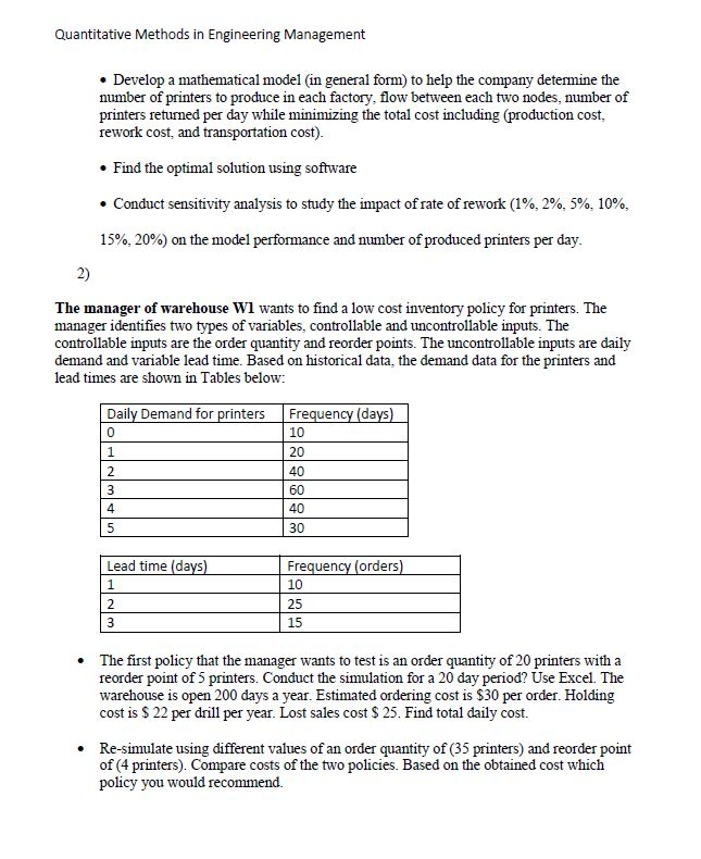 Quantitative Methods in Engineering Management A | Chegg.com