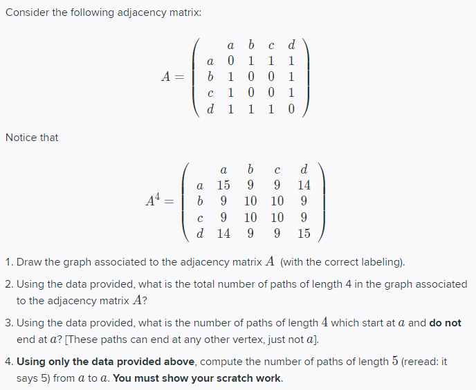 Solved Consider the following adjacency matrix: с d a 1 a b | Chegg.com
