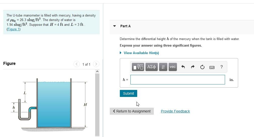 Solved The U-tube manometer is filled with mercury, having a | Chegg.com