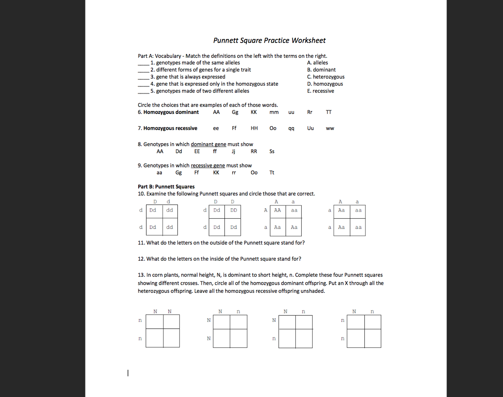 Punnett Square Practice Worksheet Part A: Vocabulary  Chegg.com Intended For Punnett Square Practice Worksheet Answers