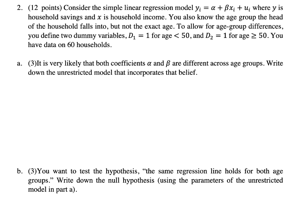 2. (12 points) Consider the simple linear regression | Chegg.com