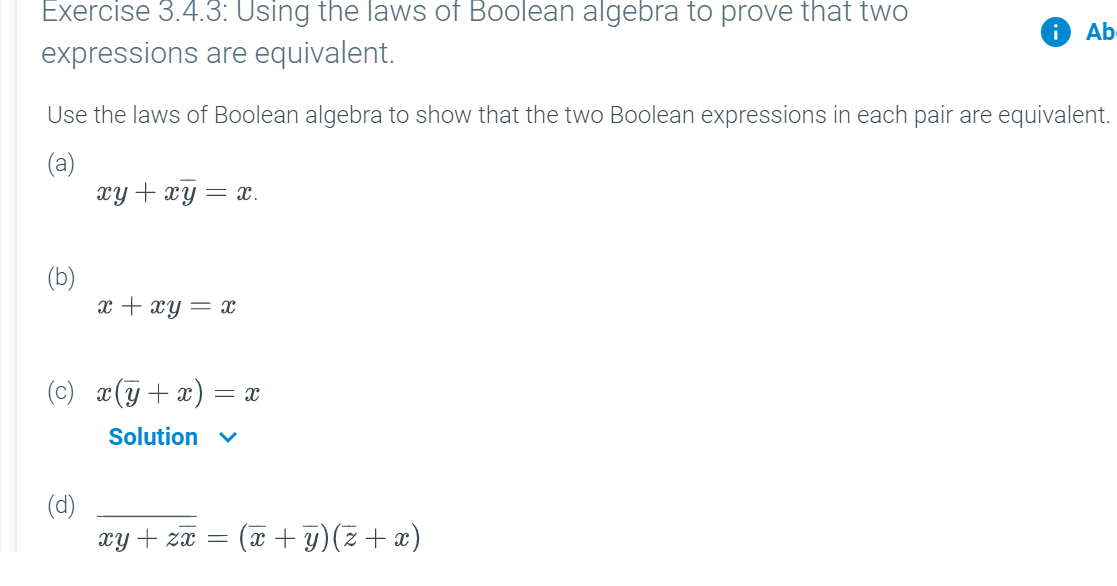 Solved Exercise 3.4.3: Using the laws of Boolean algebra to | Chegg.com