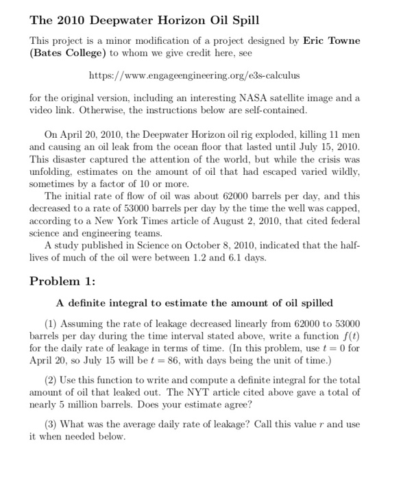 Solved The 2010 Deepwater Horizon Oil Spill This project is