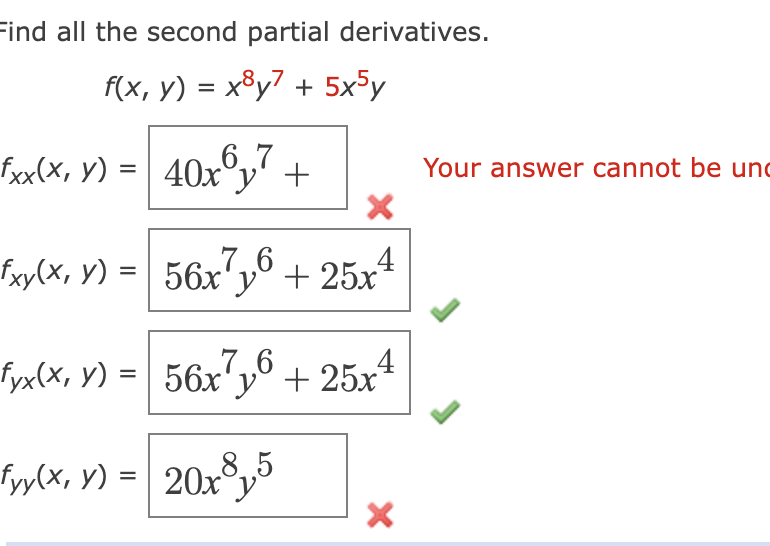 Find all the second partial derivatives. \[ \begin{array}{l} f(x, y)=x^{8} y^{7}+5 x^{5} y \\ f_{x x}(x, y)=\mid \begin{array