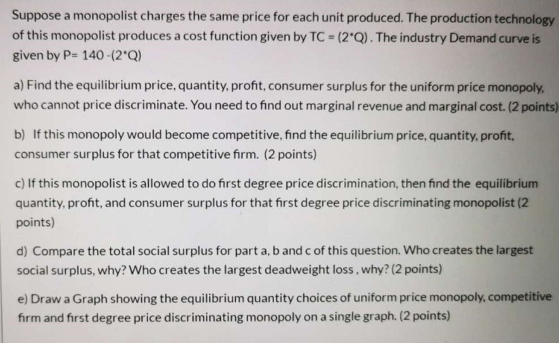 Solved Suppose a monopolist charges the same price for each | Chegg.com