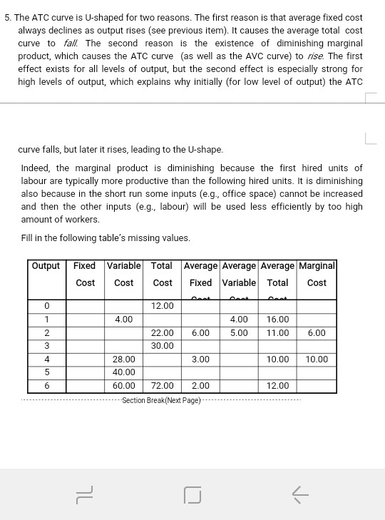 Solved 5 The ATC Curve Is U shaped For Two Reasons The Chegg