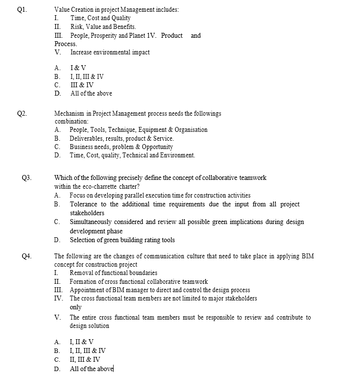 Solved Q1. Value Creation in project Management includes: I. | Chegg.com