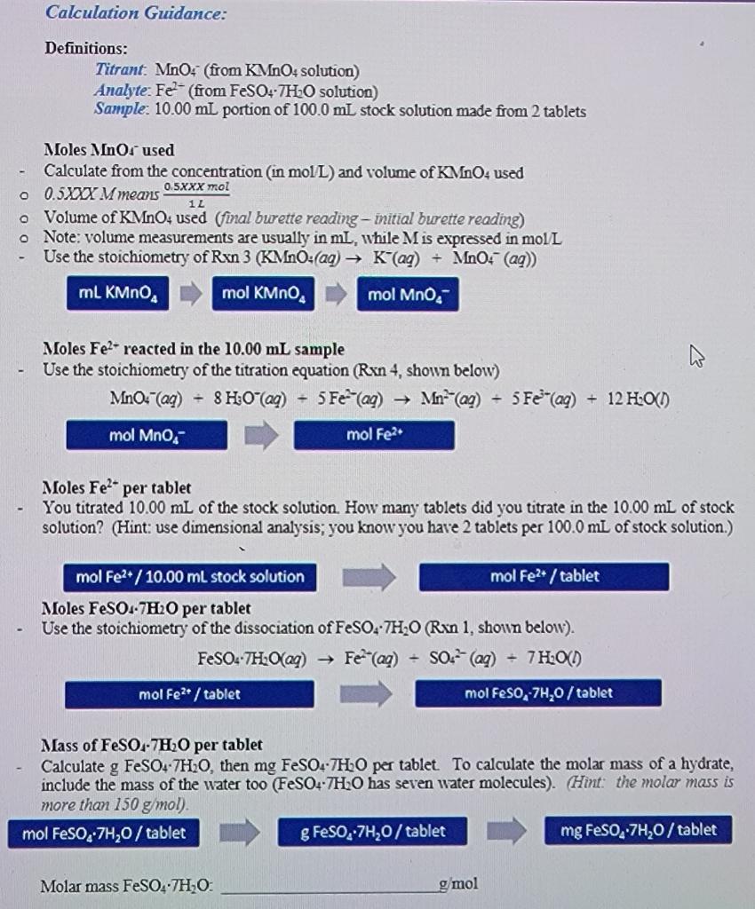 Solved KMnO4 used (mL)=10.87 mL Beginning with your mL of