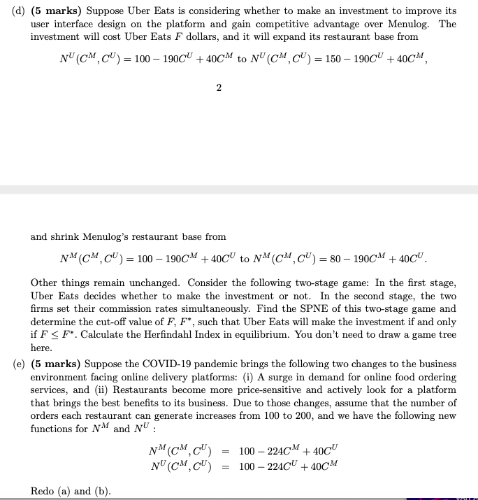 2. (30 Marks) Price Competition: Uber Eats vs Menulog  Chegg.com