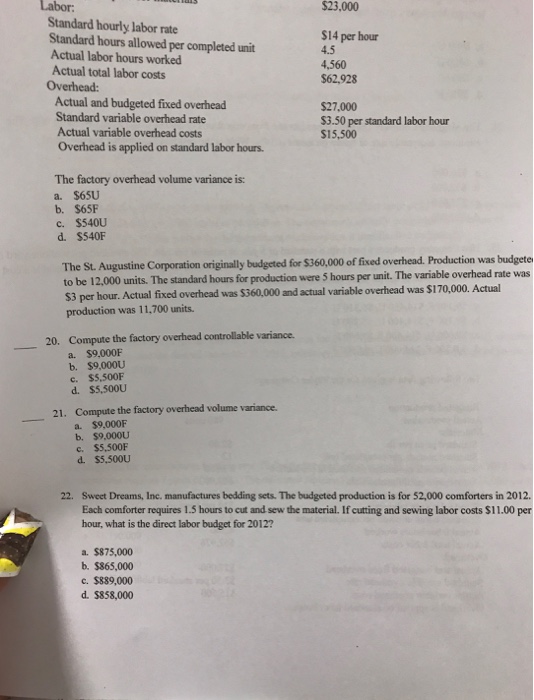 Solved The factory overhead volume variance is: a. $65U | Chegg.com