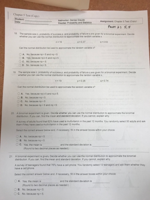 Solved Chapter 5 Test (Copy) Student Date Instructor: Denise | Chegg.com