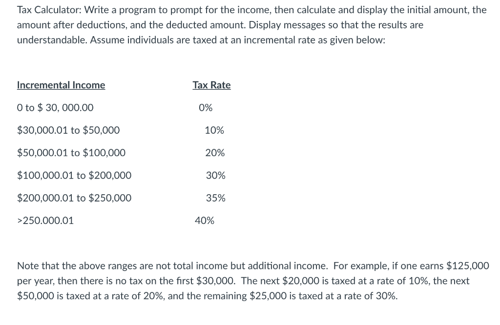 Solved Tax Calculator: Write a program to prompt for the | Chegg.com