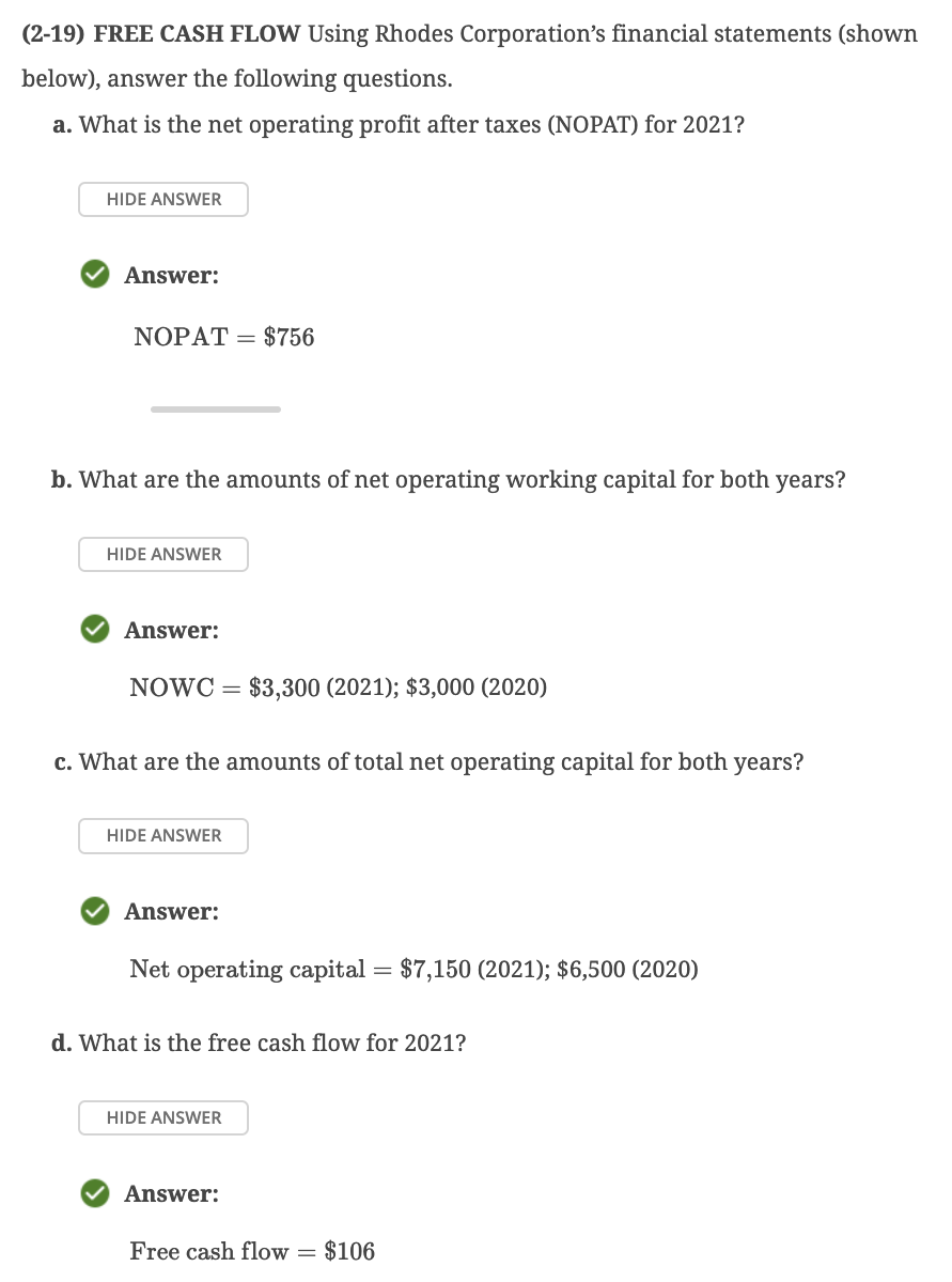 Solved (2-19) FREE CASH FLOW Using Rhodes Corporation's | Chegg.com
