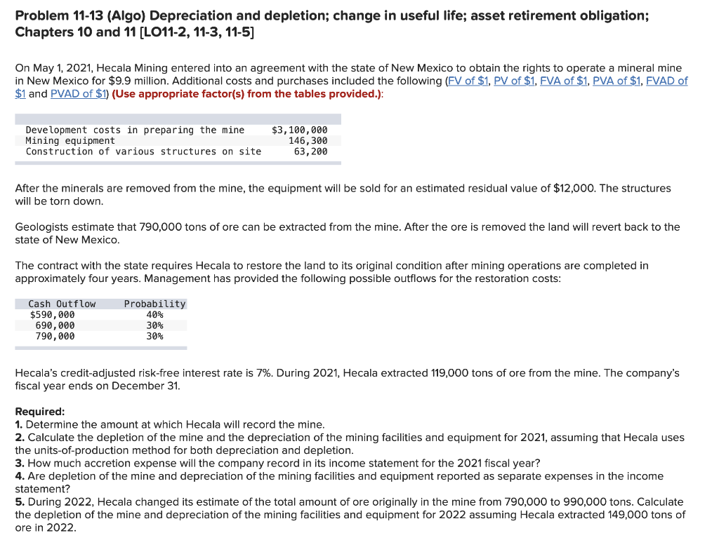 Solved Problem 11-13 (Algo) Depreciation and depletion; | Chegg.com