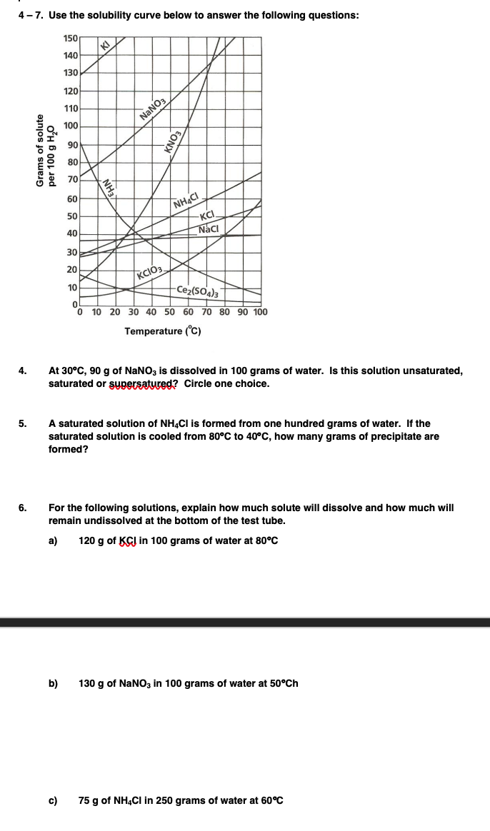 Solved 4-7. Use the solubility curve below to answer the | Chegg.com