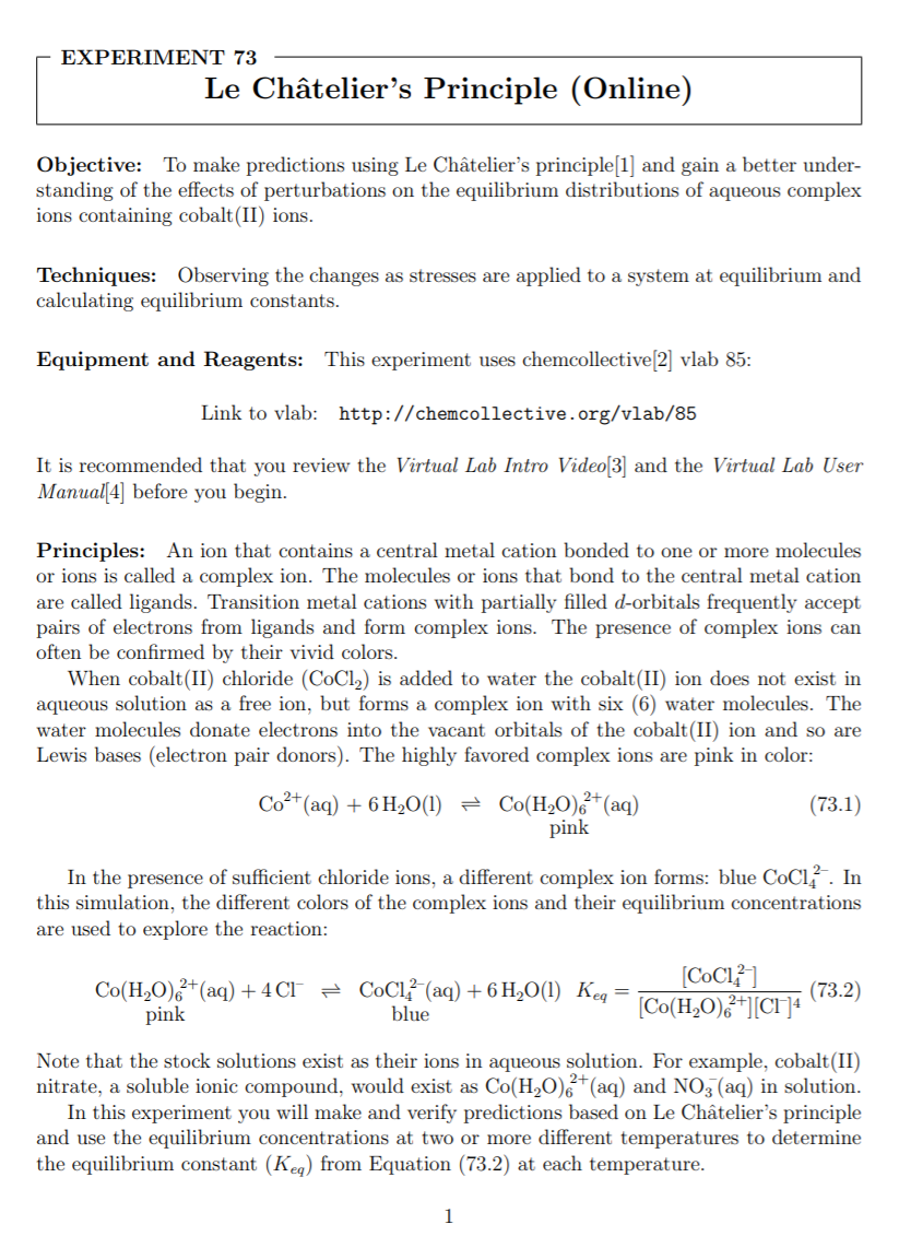 Solved Experiment 73 Le Chatelier S Principle Online Ob Chegg Com