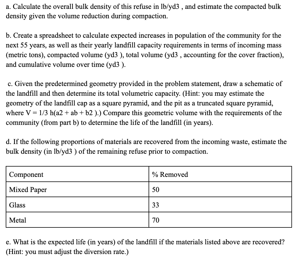 Solved a. Calculate the overall bulk density of this refuse