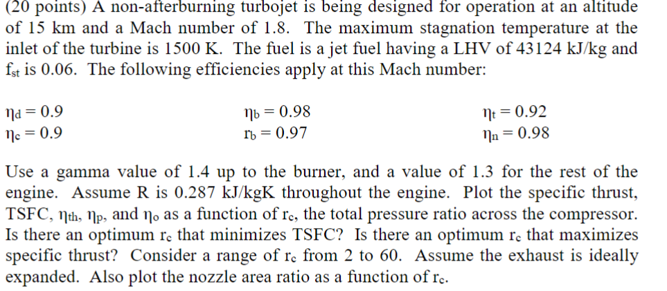 (20 points) A non-afterburning turbojet is being designed for operation at an altitude of \( 15 \mathrm{~km} \) and a Mach nu