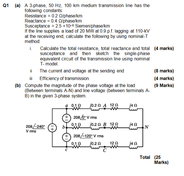 Solved Q1 (a) A 3-phase, 50 Hz, 100 km medium transmission | Chegg.com