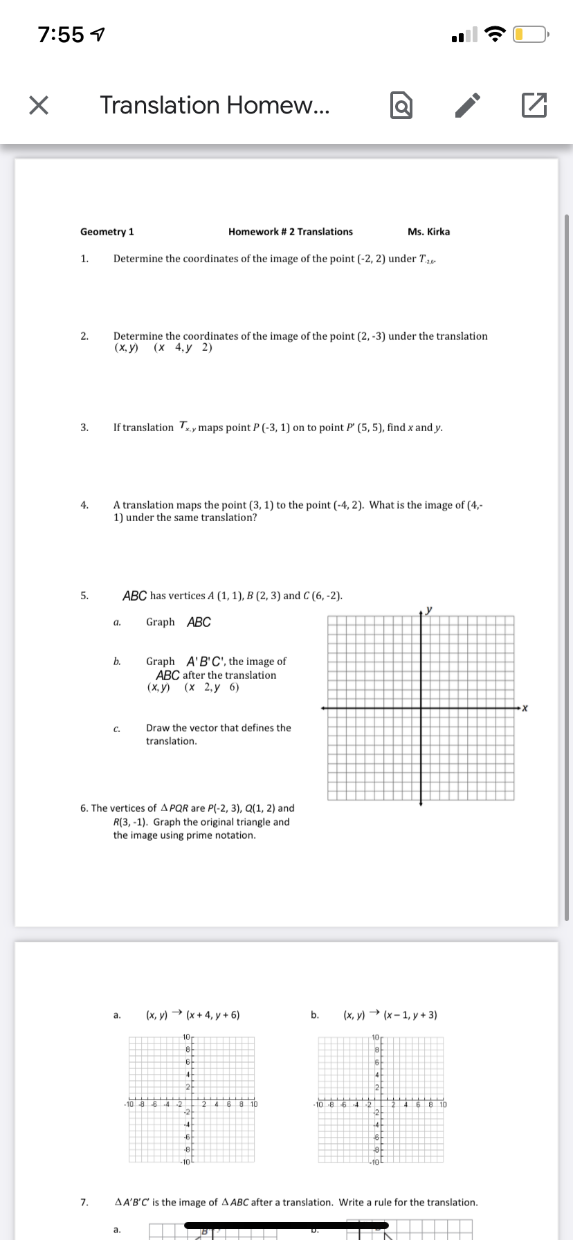 Solved 7:55 7 Х Translation Homew... Geometry 1 Homework # 2 | Chegg.com
