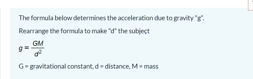 Solved The formula below determines the acceleration due to | Chegg.com