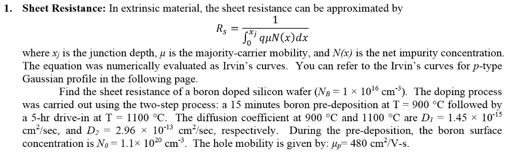 1. Sheet Resistance: In extrinsic material, the sheet | Chegg.com