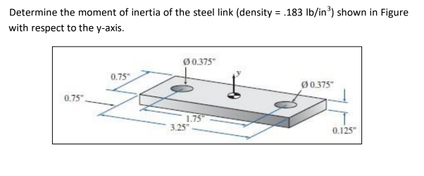 Determine the moment of inertia of the steel link (density \( =.183 \mathrm{lb} / \mathrm{in}^{3} \) ) shown in Figure with r