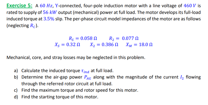 Solved Exercise 5: A 60 Hz, Y-connected, four-pole induction | Chegg.com
