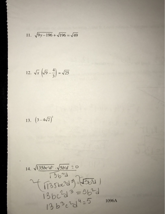 Solved squareroot 9y - 196 + squareroot 196 = squareroot 49 | Chegg.com