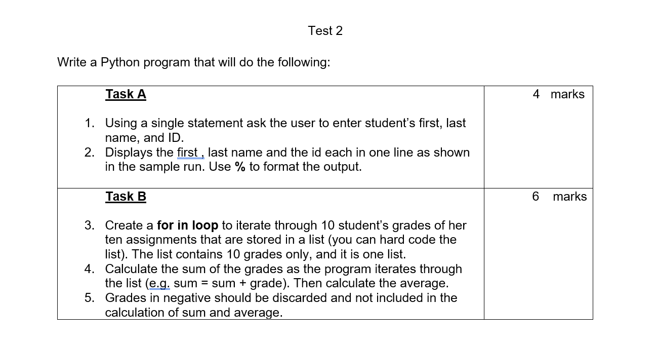 Solved Test 2 Write a Python program that will do the | Chegg.com