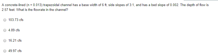 Solved A concrete-lined (n = 0.013) trapezoidal channel has | Chegg.com