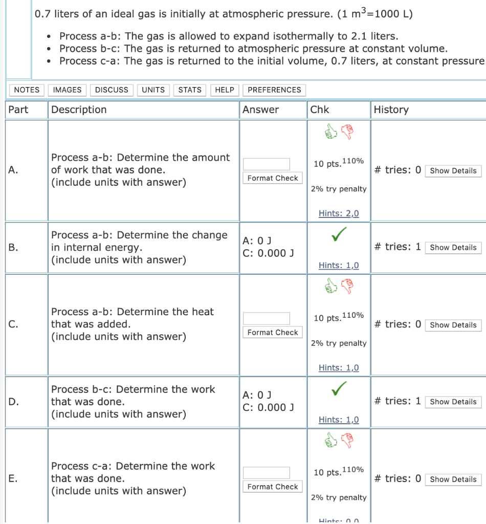 Solved 0 7 Liters Of An Ideal Gas Is Initially At Chegg Com