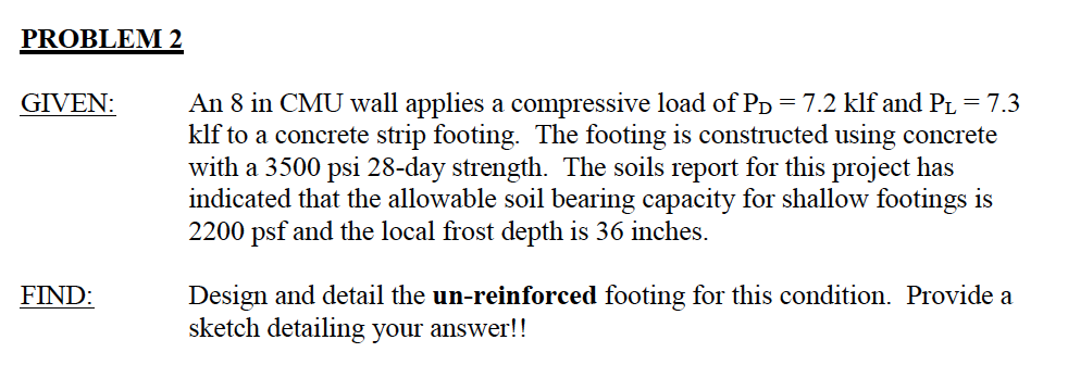 Solved PROBLEM 2 GIVEN: An 8 in CMU wall applies a | Chegg.com